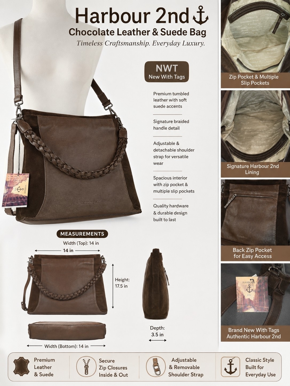 HARBOUR 2ND CHOCOLATE LEATHER & SUEDE SHOULDER BAG — NWT